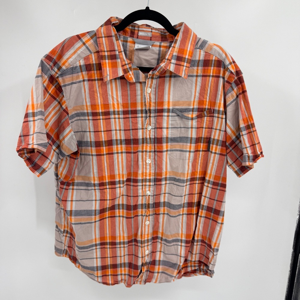 Columbia Mens XL Orange Plaid‎ Short Sleeve Button Down Shirt Regular Fit Hiking